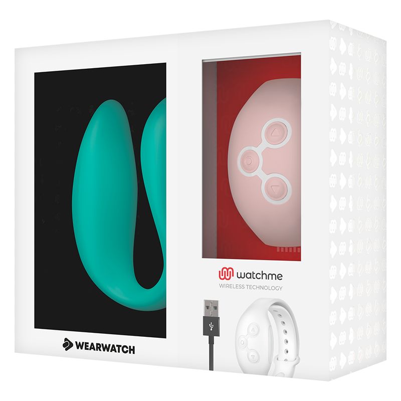 Verpackung mit Wearwatch-Produkt und Armband. Watchme-Logo. USB-Kabel.