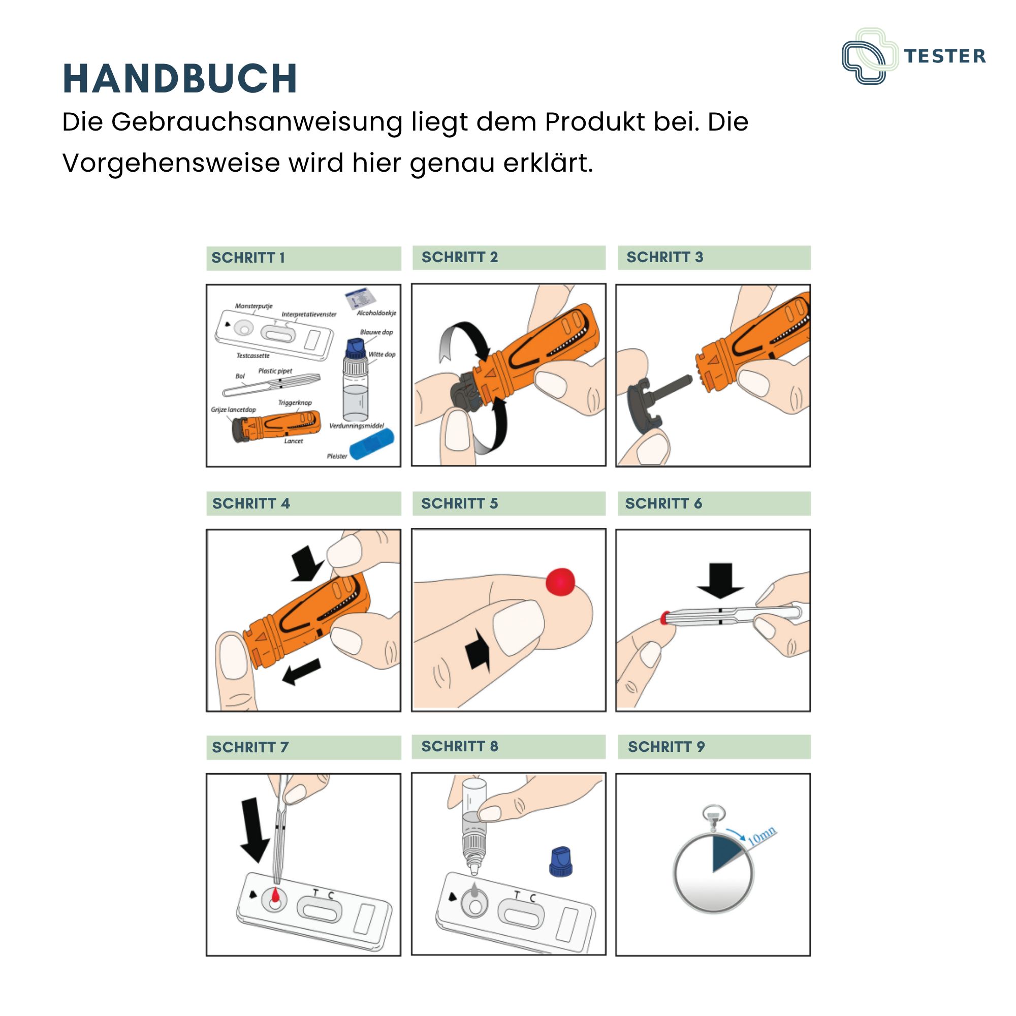 Handbuch mit 9 Schritten zur Durchführung eines Syphilis-Tests. Illustrationen mit orangefarbenen Komponenten.