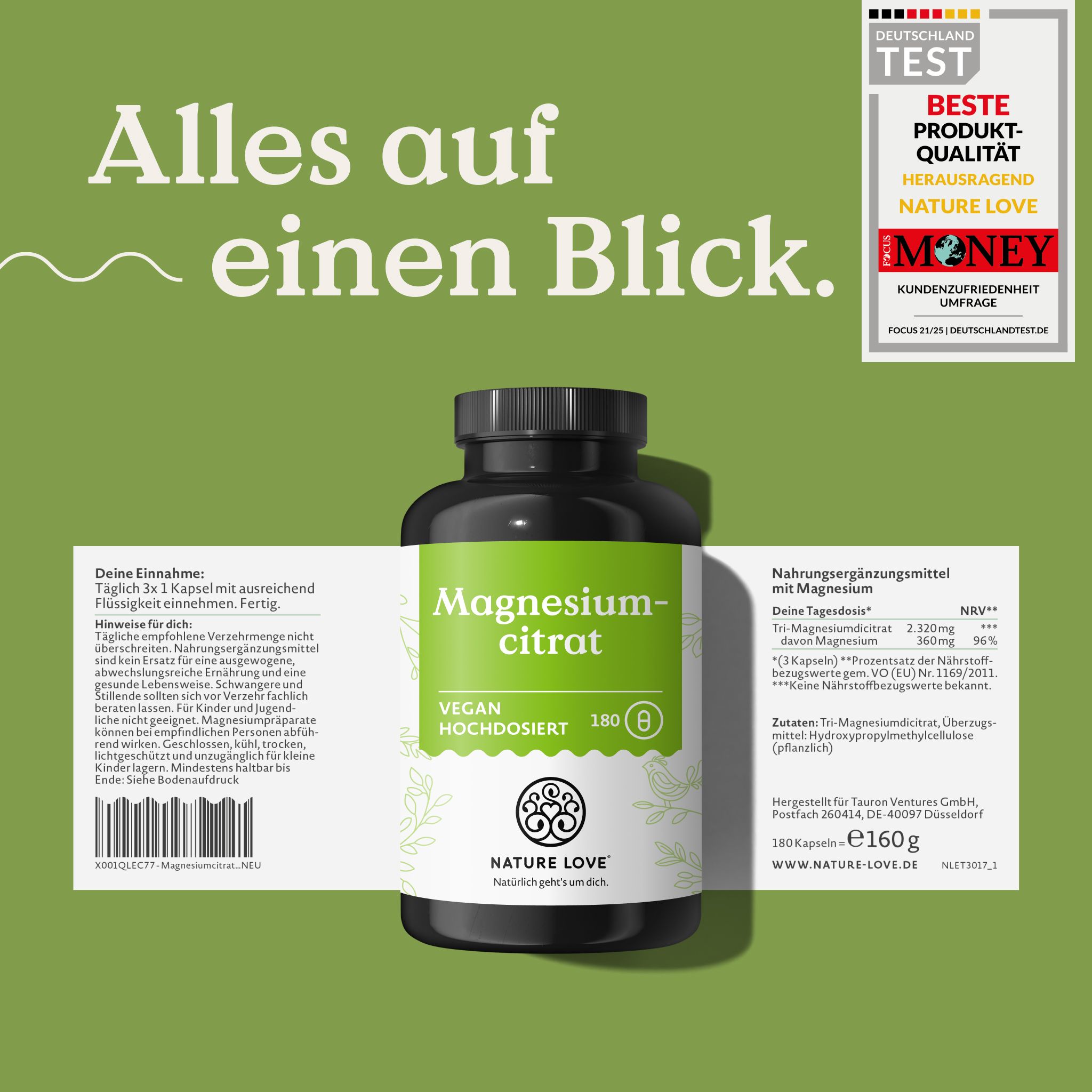 Flasche Magnesiumcitrat von NATURE LOVE mit geöffnetem Etikett und Nährwertangaben.