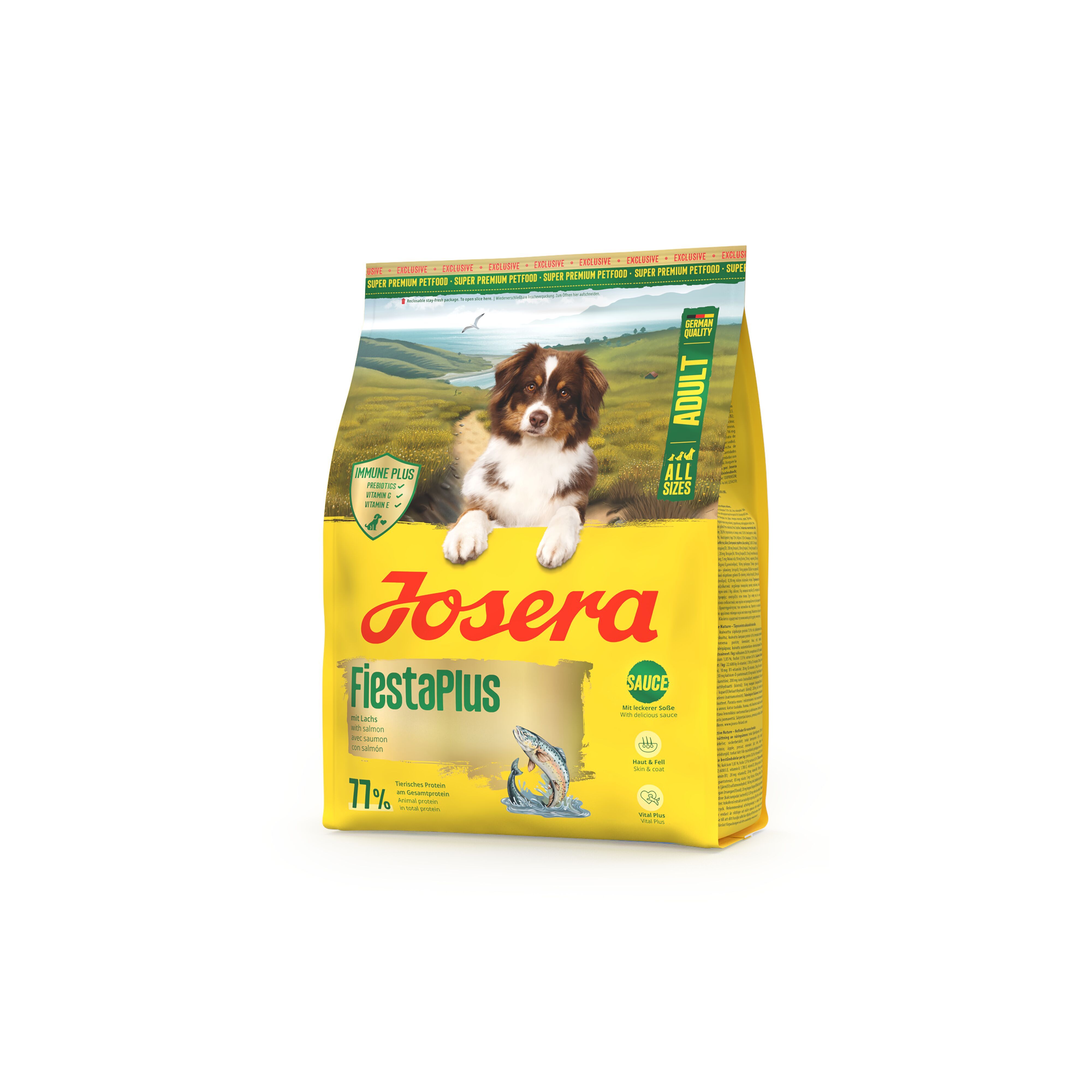Gelbe Verpackung mit "JOSERA FiestaPlus" und Hund. Text: "ADULT".
