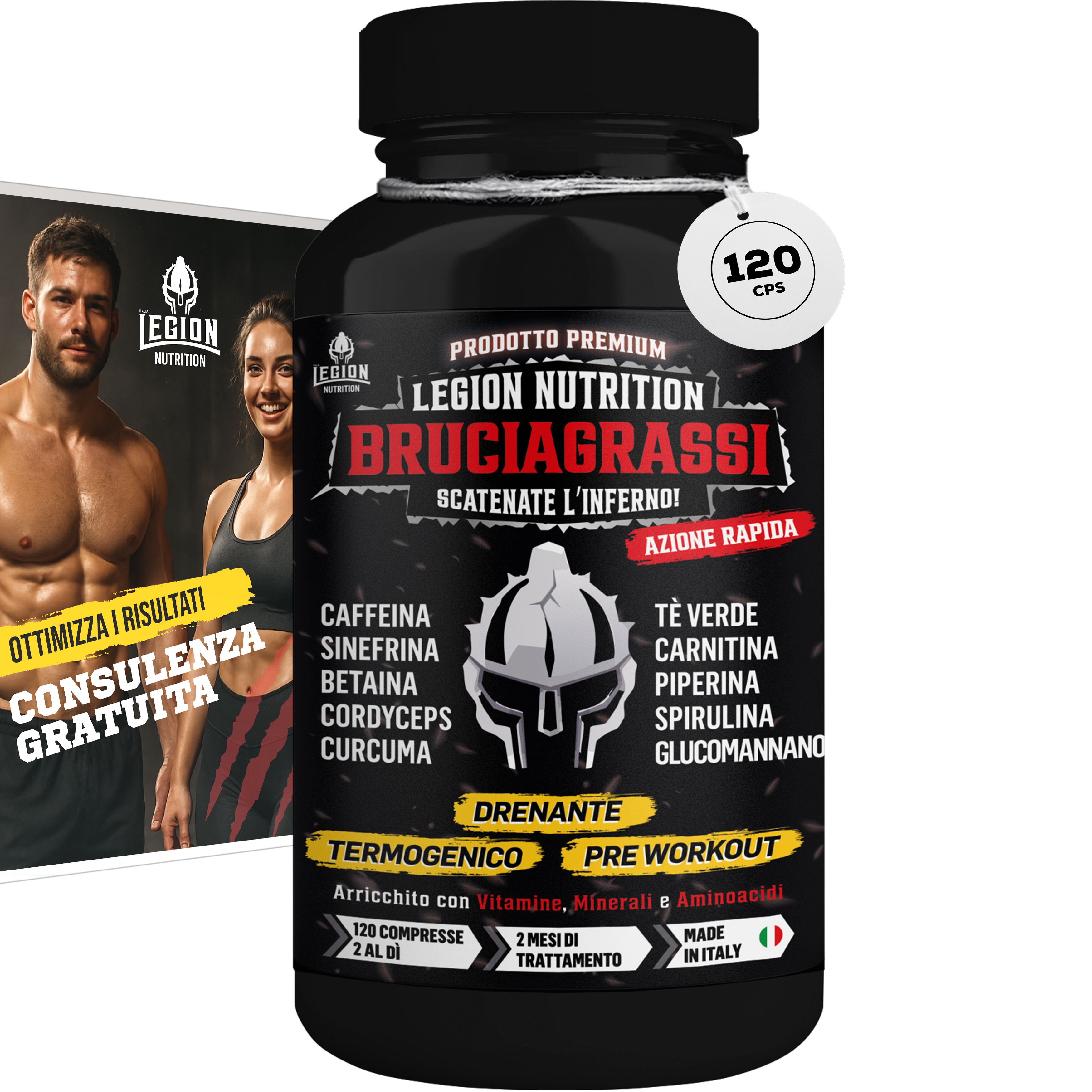 Legion Nutrition® Integratore Brucia Grassi, Drenante con Caffeina, Sinefrina, Carnitina. 120 cpr
