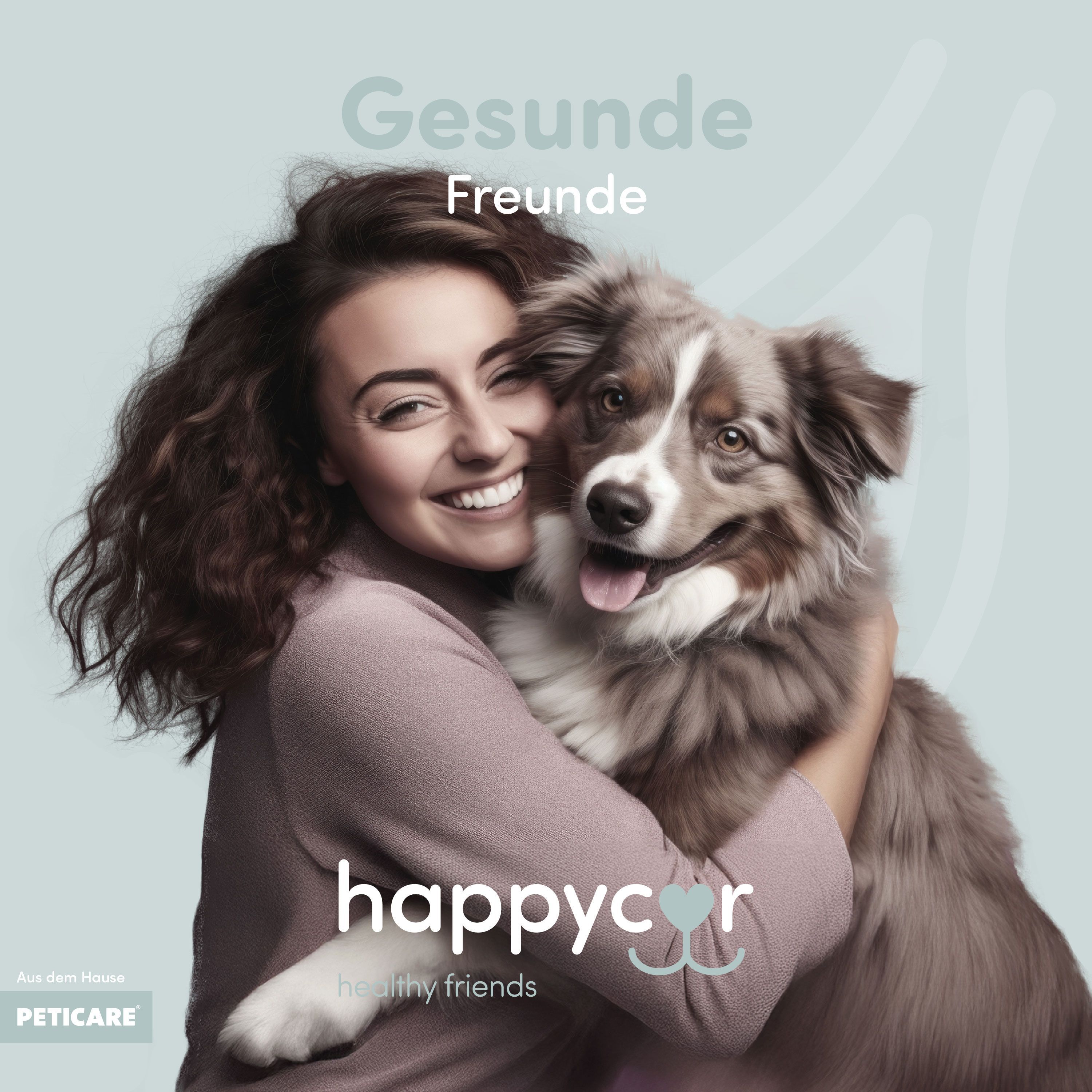 Frau umarmt glücklich einen Hund. Logo Happycor "Gesunde Freunde".