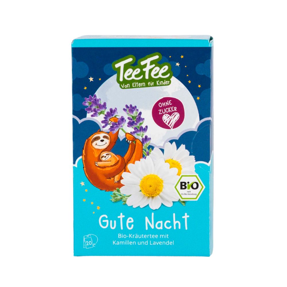 Karton TeeFee Gute Nacht Bio-Kräutertee. Abbildung: Faultier mit Kamille und Lavendel. Text: Ohne Zucker, Bio-Siegel.