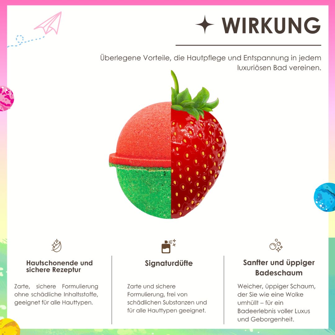 Badbombe, rot-grün, Erdbeer-Design. Text: Hautschonend, sichere Rezeptur, Signaturdüfte, sanfter Badeschaum.