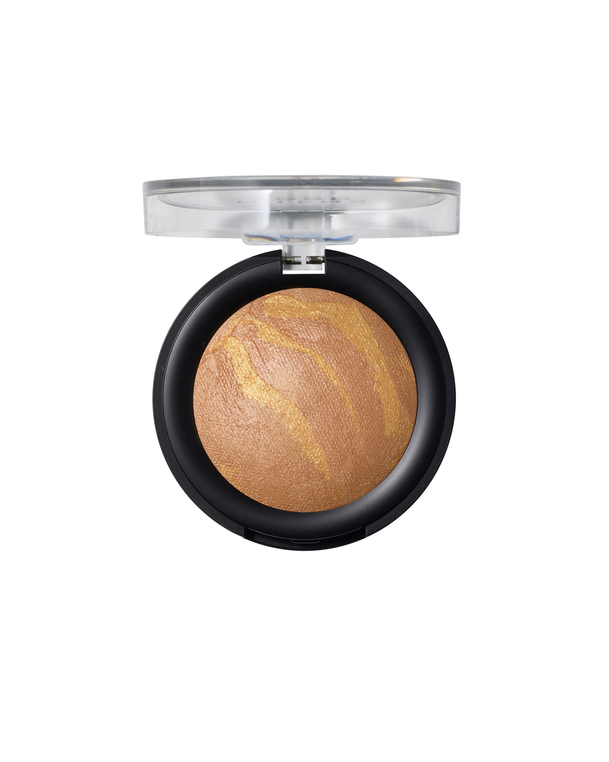 Kompakter Bronzer mit schimmernder Oberfläche in Gold- und Rosatönen.