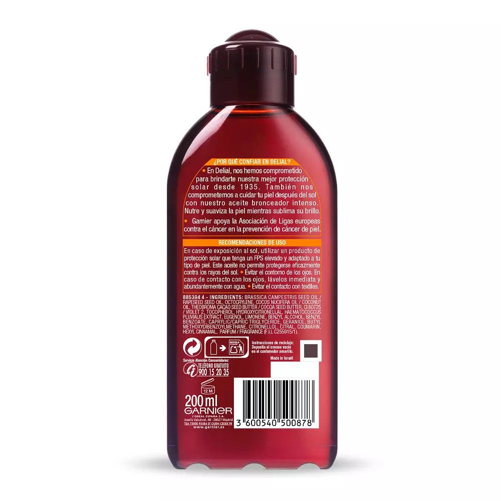 Rückseite einer Garnier Delial Ambre Solaire Ideal Bronze Bräunungsöl Flasche mit Produktinformationen und 200ml Angabe.