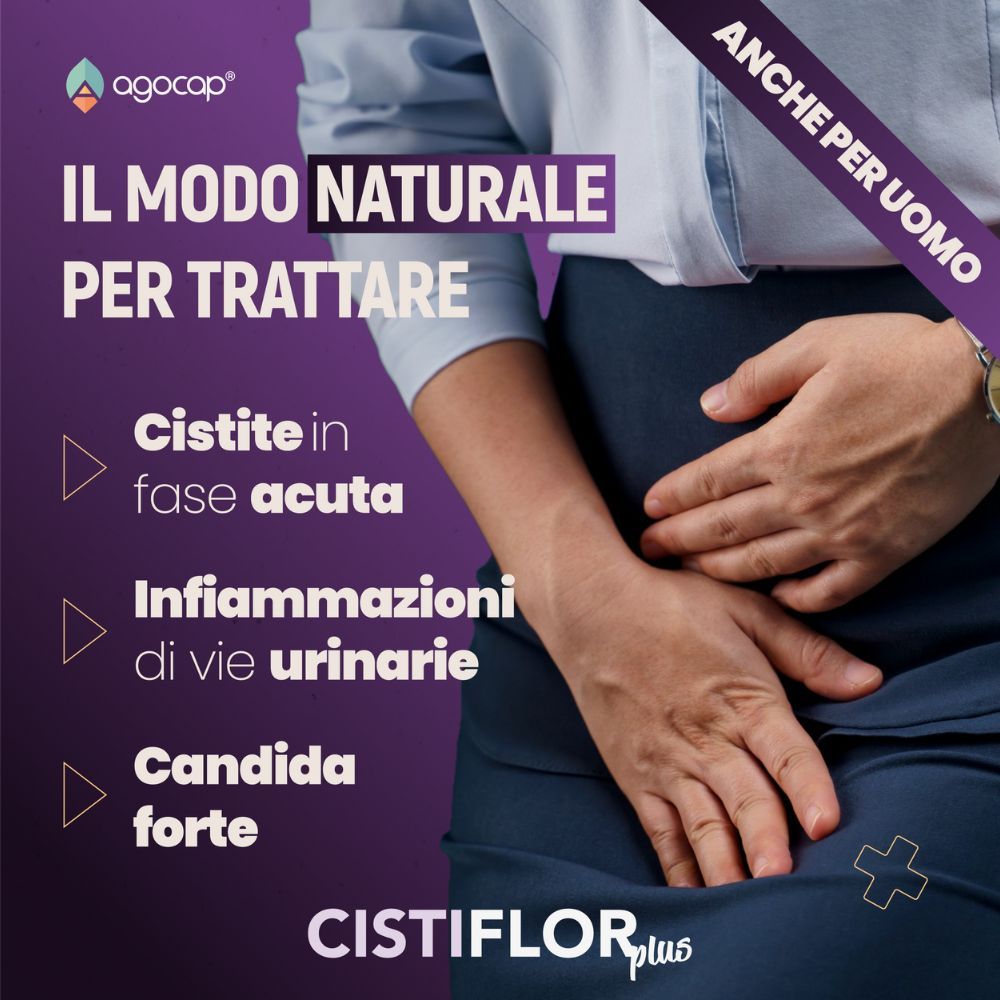 Uomo che si tiene il basso ventre. Testo: Trattamento naturale per cistite, infezioni urinarie, Candida.