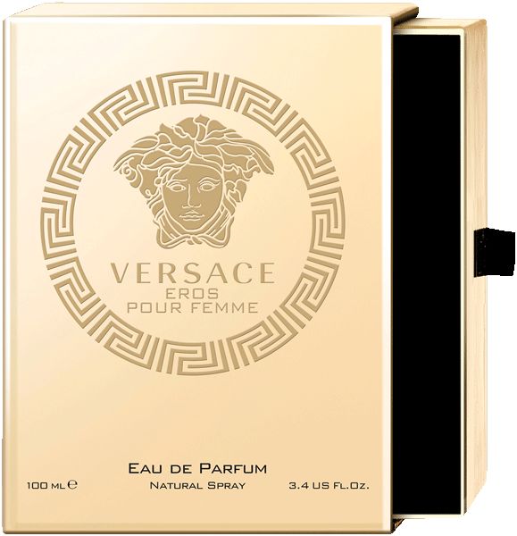 Goldfarbene Verpackung. Aufschrift: VERSACE EROS POUR FEMME. Eau de Parfum, Natural Spray.
