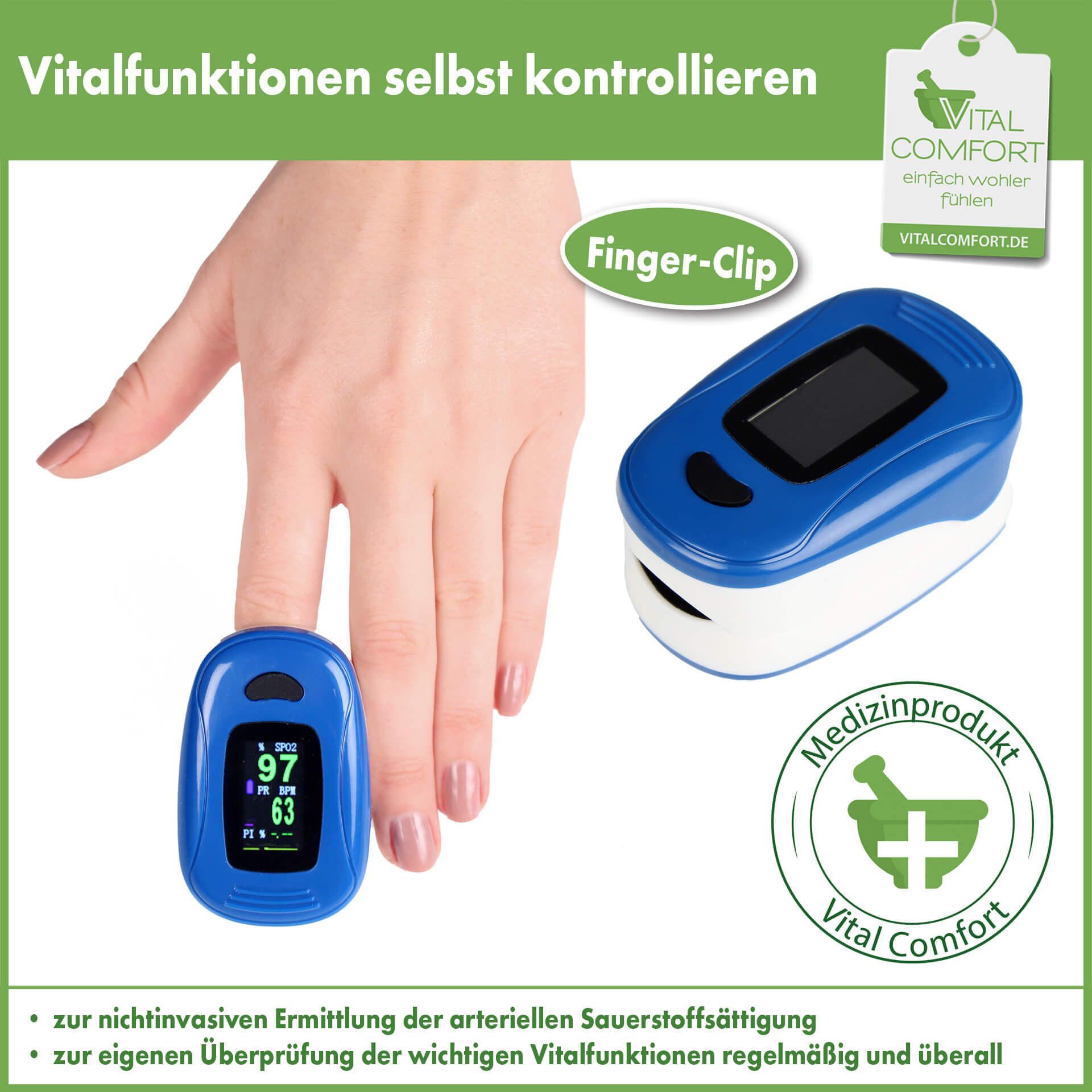 Vital Comfort Puls-Oximeter für die Fingerspitze zur Selbstkontrolle von Sauerstoffsättigung und Pul