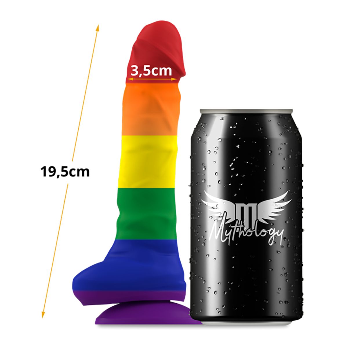 Regenbogenfarbiger Dildo mit Saugnapf und Maßangaben. Neben einer Dose. Marke: Mythology.