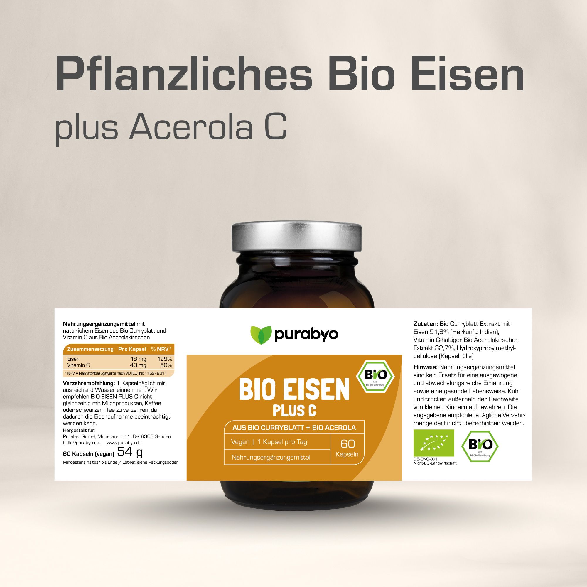Flasche und Schachtel Purabyo Eisen plus C mit Bio-Siegel.
