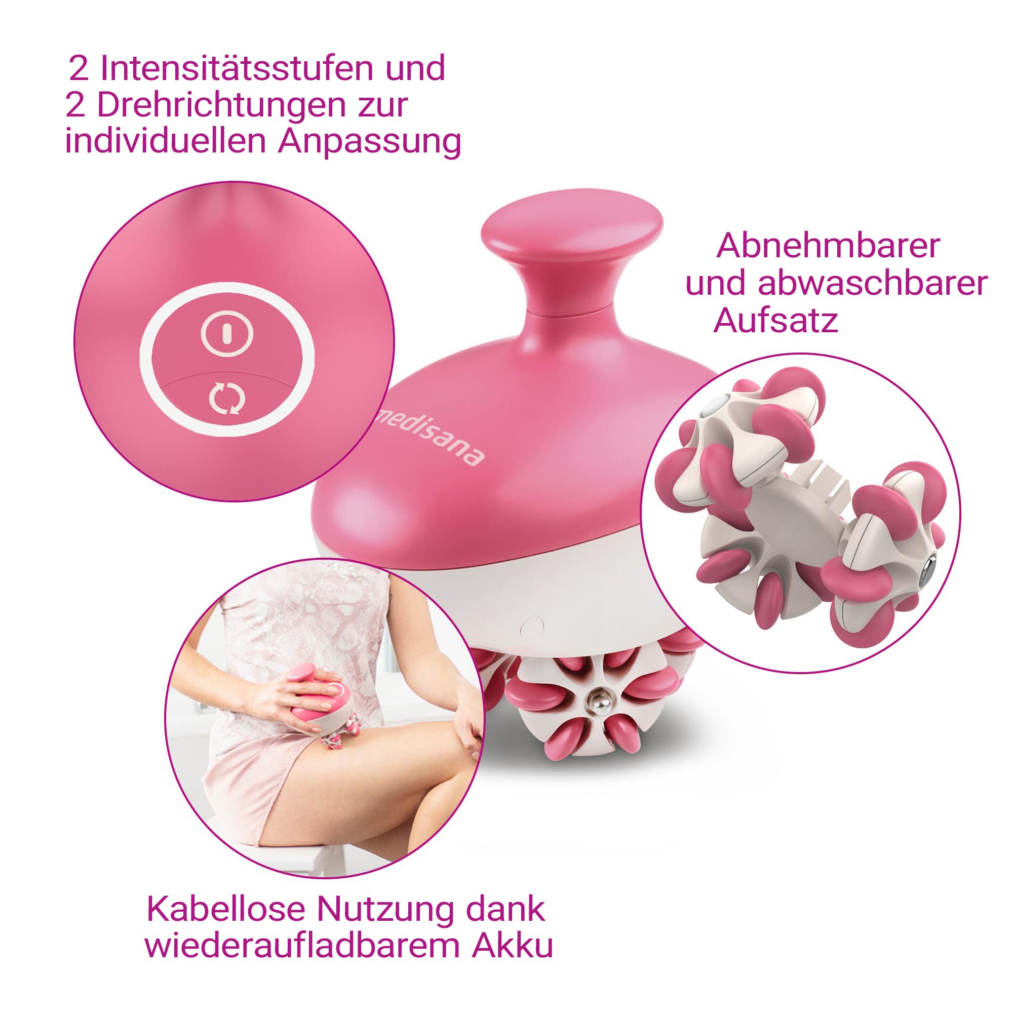 Rosa Massagegerät mit abnehmbarem Aufsatz und Bedienelementen.