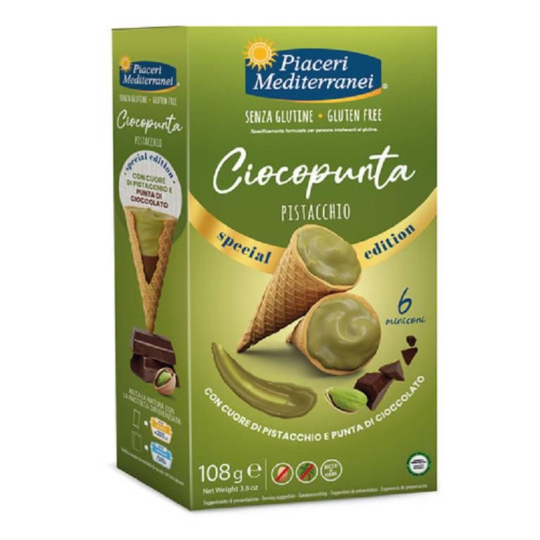 Confezione verde con coni gelato. Scritta: Ciocopunta Pistacchio, senza glutine. 6 mini coni con crema al pistacchio.