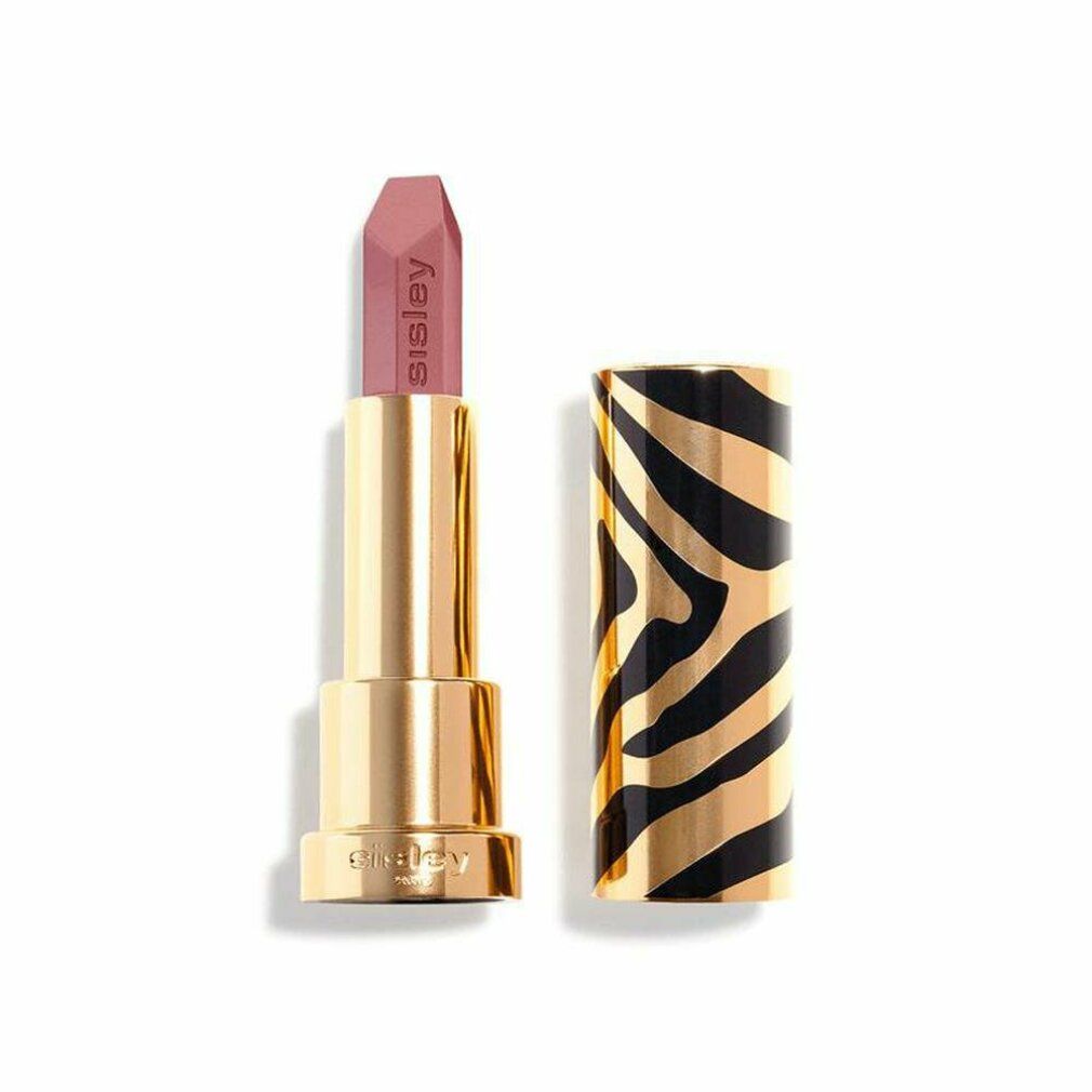 Goldfarbener Lippenstift mit geöffneter Hülse. Der Lippenstift ist rosa. Die Hülse hat ein Zebra-Muster.
