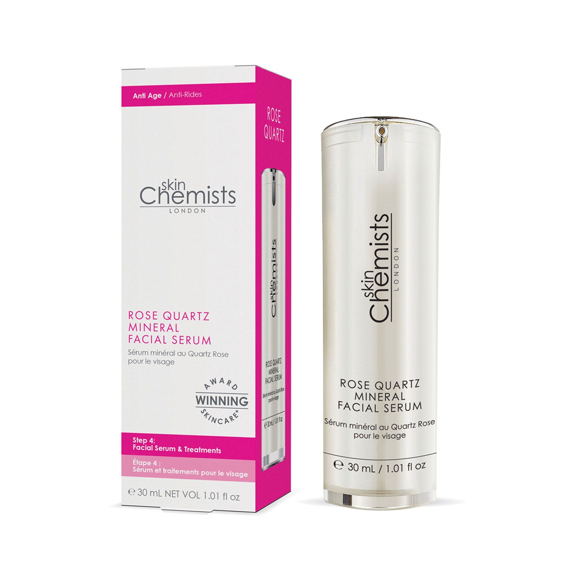 Serumflasche und Verpackung. Aufschrift: skinChemists London, Rose Quartz Mineral Facial Serum. Volumen: 30 ml / 1.01 fl oz. Mit Auszeichnung.