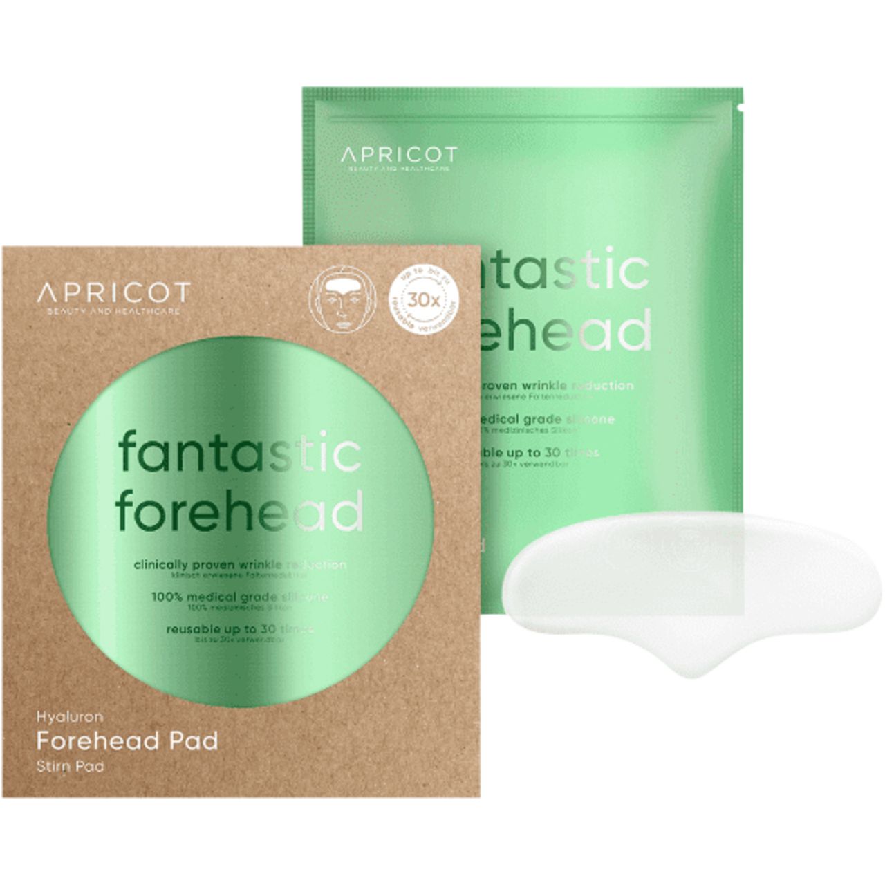 Verpackung mit Stirn Pad. Aufschrift: APRICOT, fantastic forehead, 30x wiederverwendbar. Pad und Verpackung.