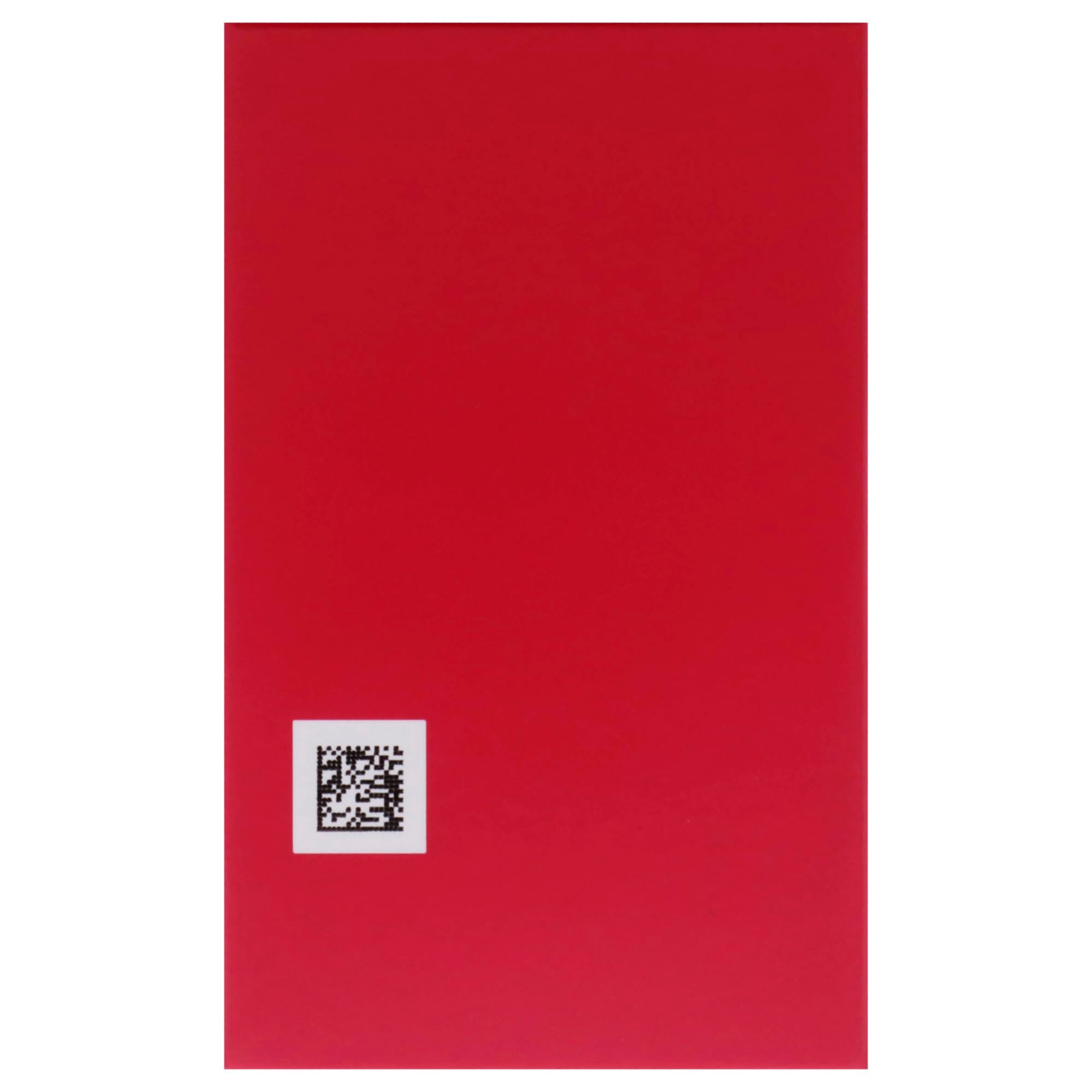Rote Verpackung, Rückseite. Kleiner Barcode-Aufkleber unten links.