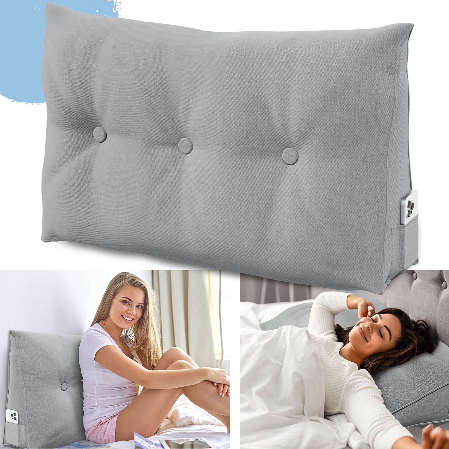 Graues Stützkissen mit drei Knöpfen. Zwei Frauen benutzen das Kissen. Eine Seitentasche.