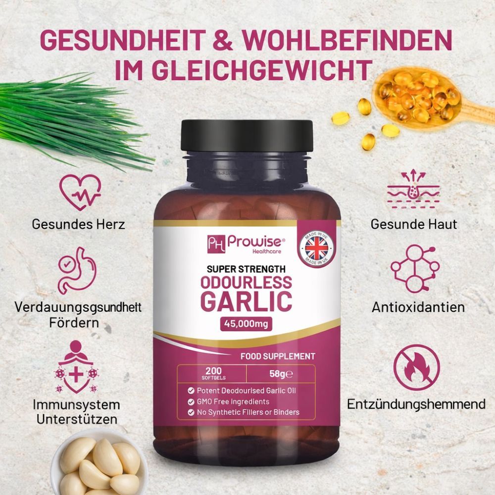 Prowise Odourless Garlic Kapseln mit Icons für Herz, Verdauung und Immunsystem.