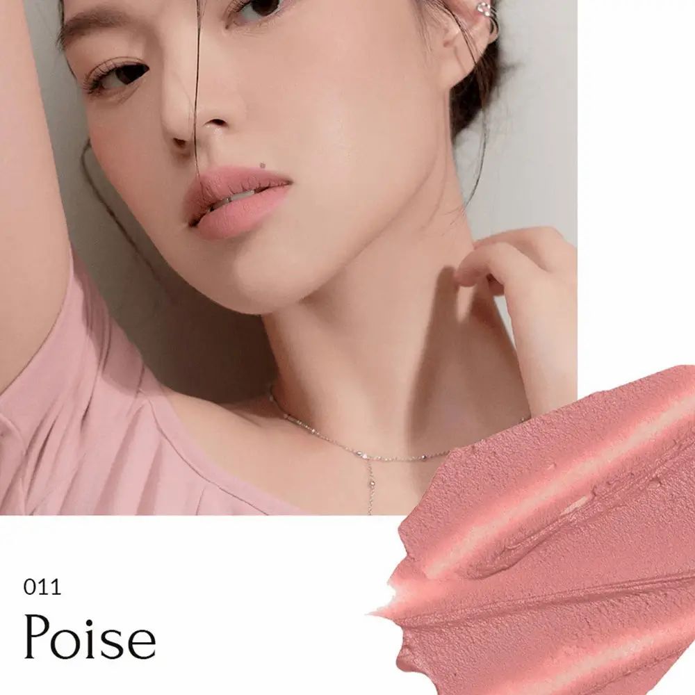 Lippenfarbe 011 Poise. Farbprobe in Rosa. Text mit "011 Poise".