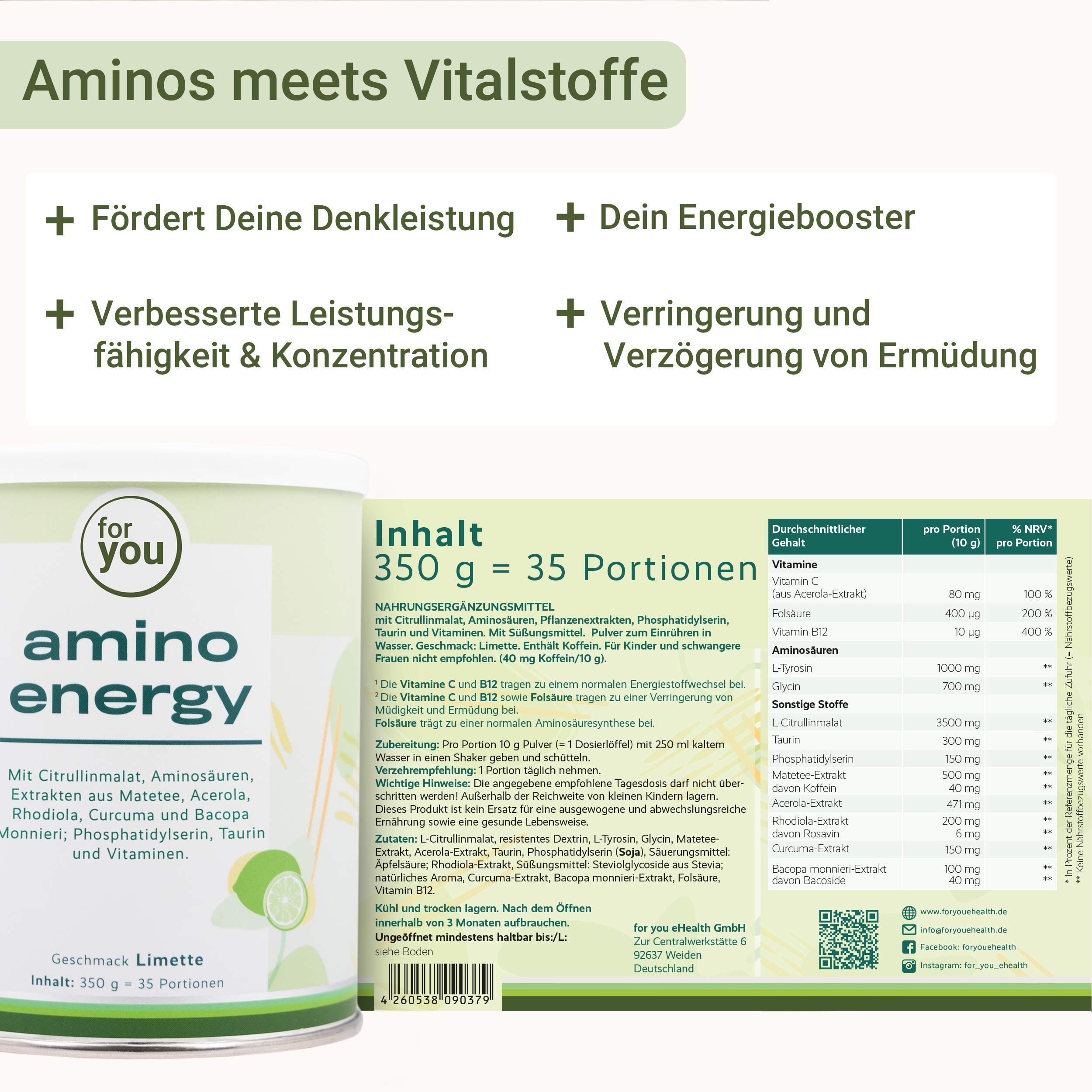 Dose 'for you amino energy'. Text: 350g = 35 Portionen. Inhaltsstoffe und Nährwerttabelle. Fördert Denkleistung, Energie, Konzentration, reduziert Müdigkeit.