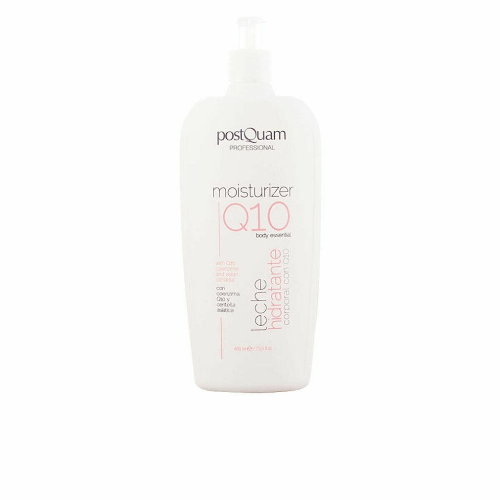 Weiße Flasche mit Pumpe. Aufschrift: POSTQUAM, moisturizer Q10, leche hidratante. Produkt für Körperpflege.