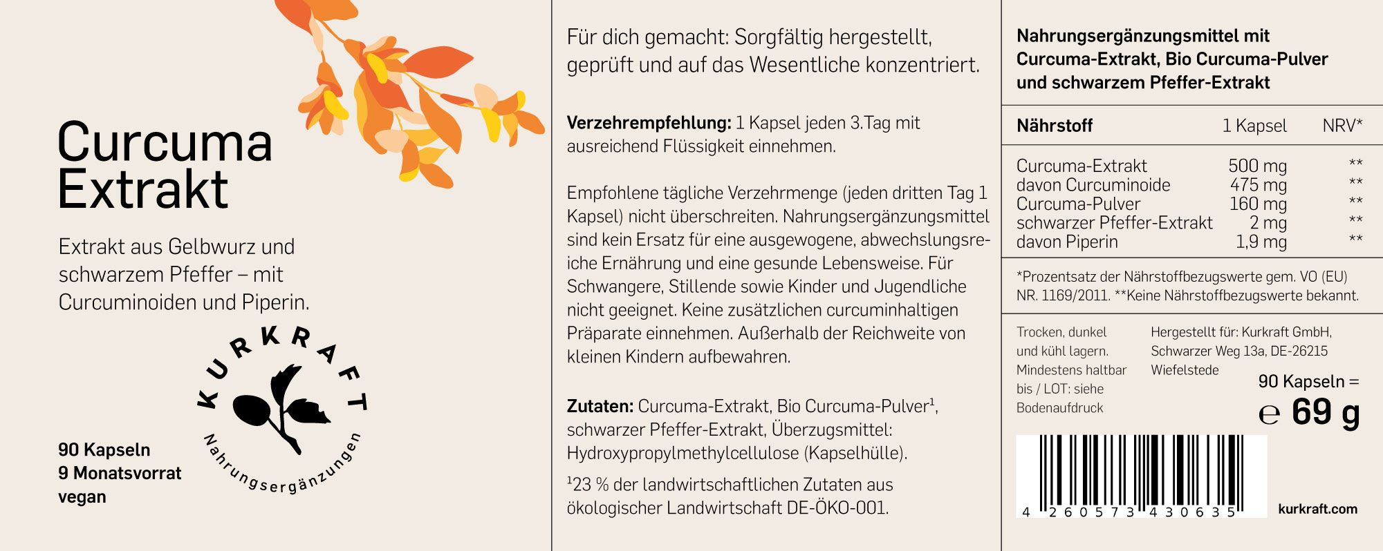 Etikett Kurkraft Curcuma Extrakt. Text: Extrakt aus Gelbwurz und schwarzem Pfeffer. 90 Kapseln, 9 Monatsvorrat, vegan.