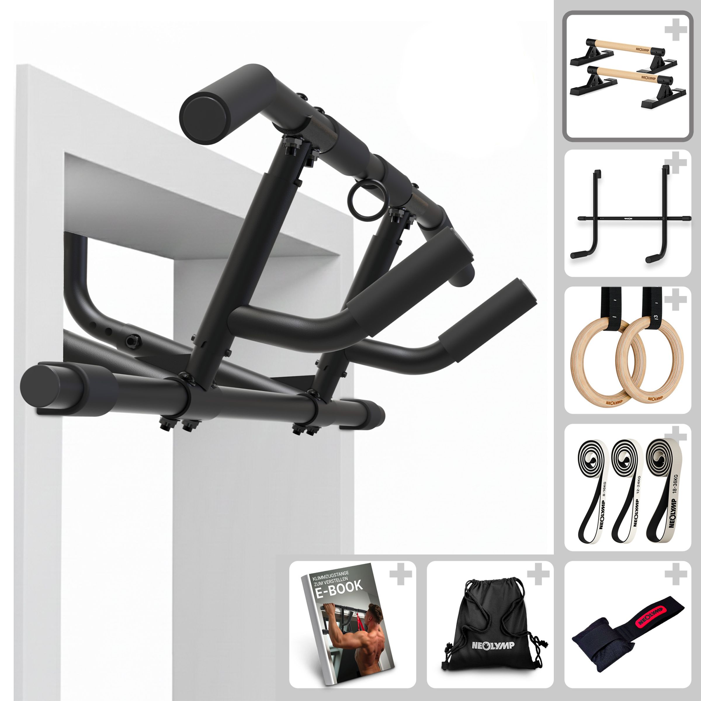 NEOLYMP Calisthenics Bundle: Klimmzugstange, Liegestützgriffe, Ringe, Widerstandsbänder, Tasche und E-Book.