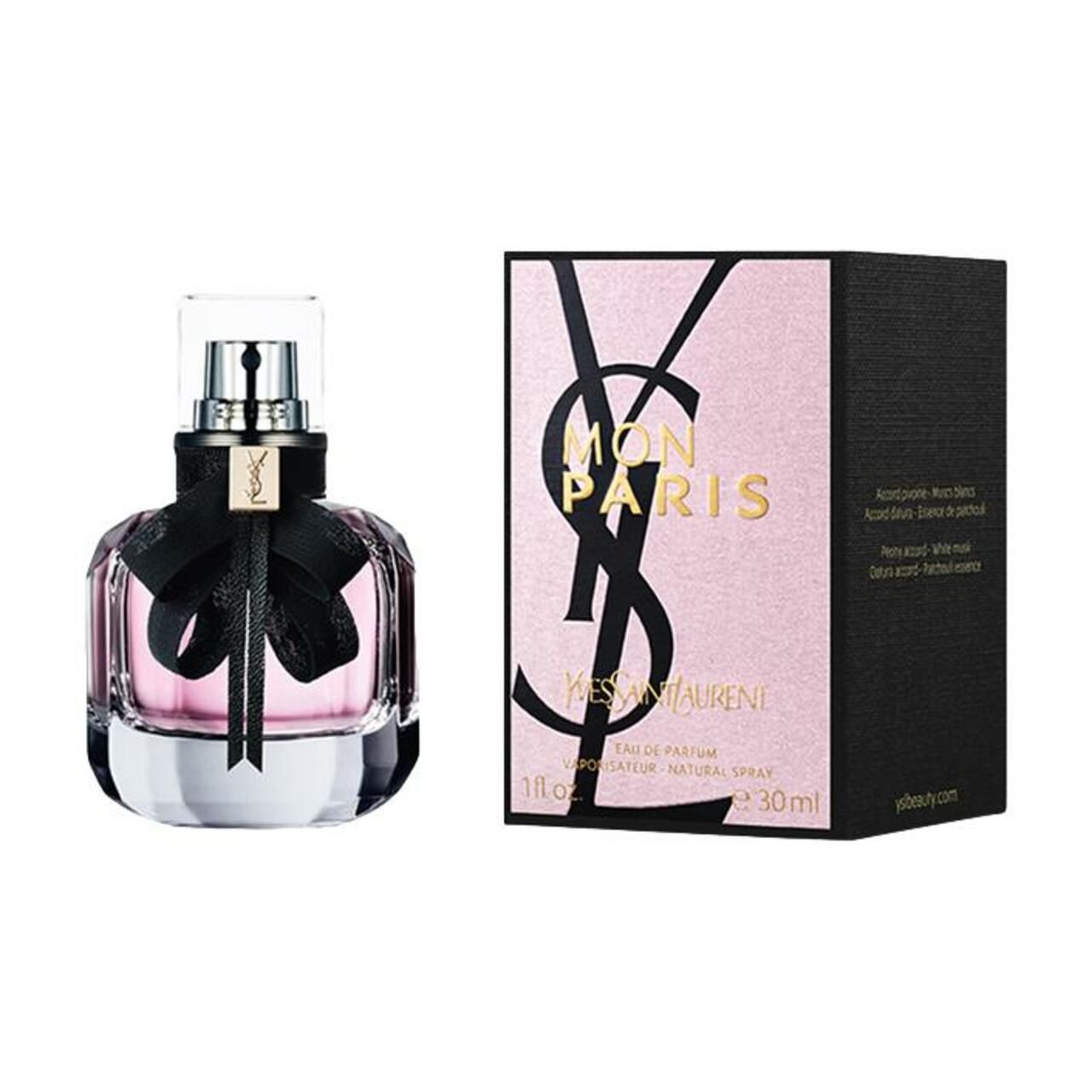 Parfümflakon und Verpackung. Flakon mit schwarzer Schleife. Verpackung mit Logo und Produktnamen.