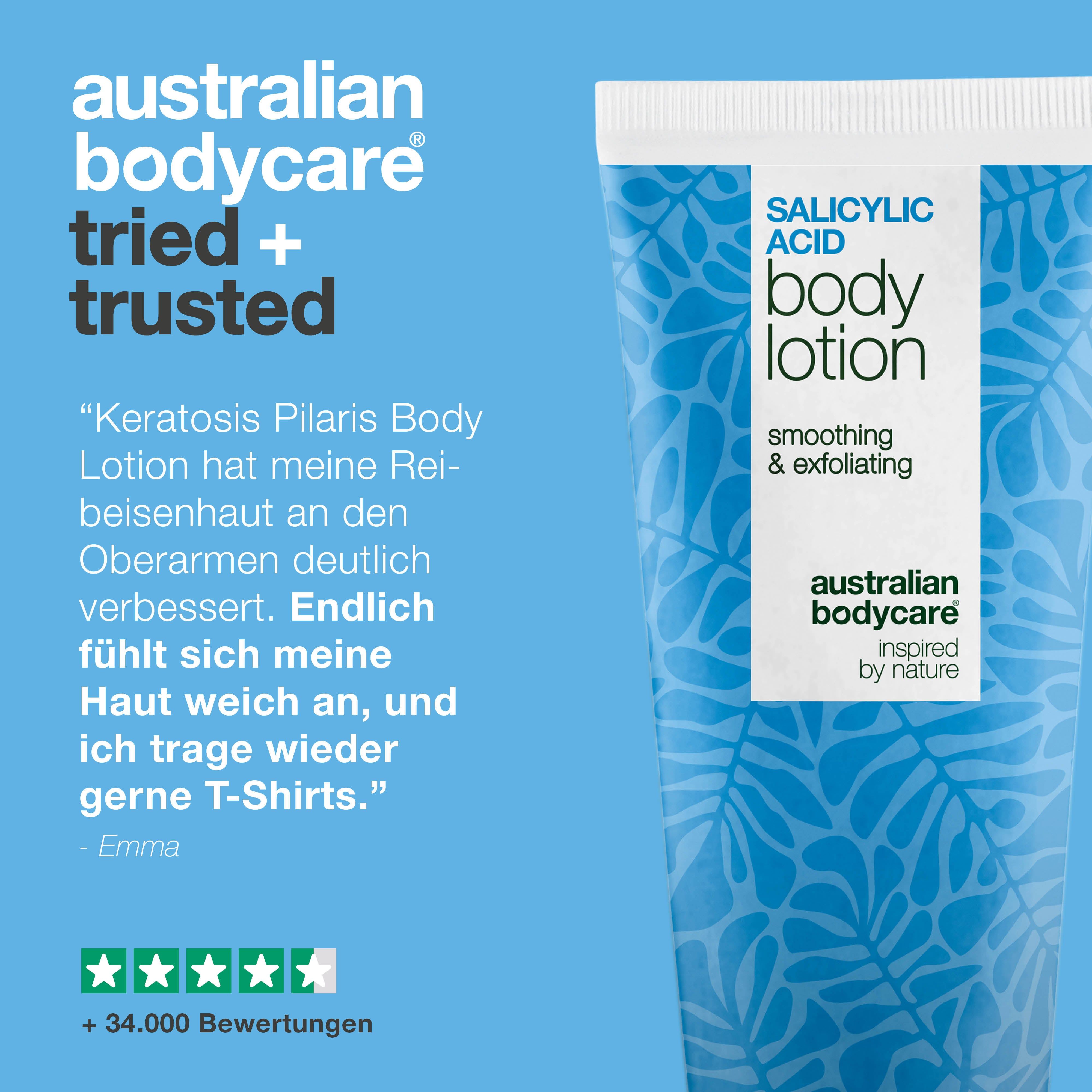 Tube "Salicylsäure Body Lotion". Text: Erfahrungsbericht, 5 Sterne, +34.000 Bewertungen.