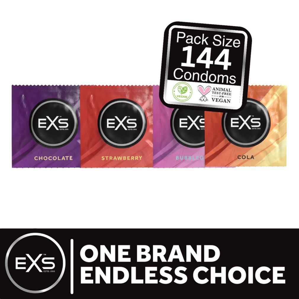 EXS Kondome: 144 Stück Packung mit 4 Geschmacksrichtungen. Schoko, Erdbeer, Tutti Frutti, Cola.