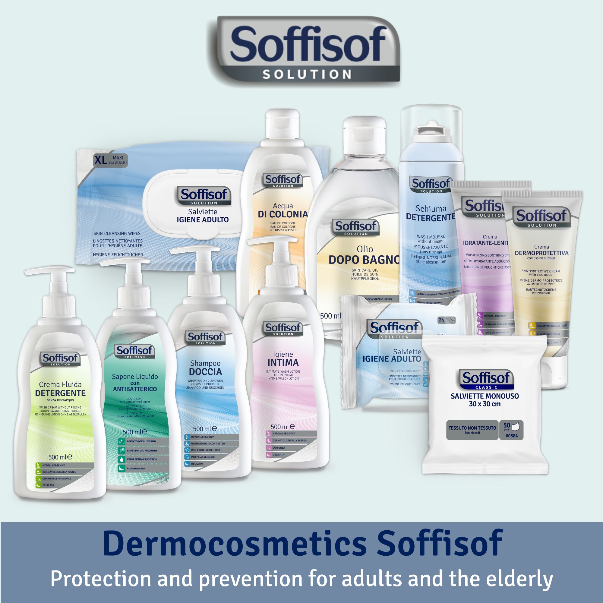 Verschillende Soffisof-producten. Reinigingsmiddelen, intieme waslotion, doekjes, etc. Logo: Soffisof Solution.