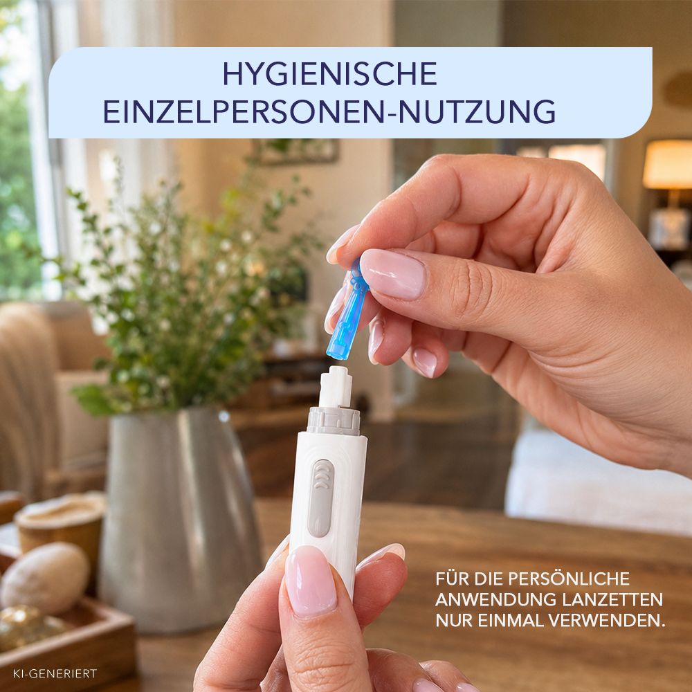 Hand führt blaue Lanzette in Stechhilfe ein, Text: Hygienische Einzelpersonen-Nutzung.