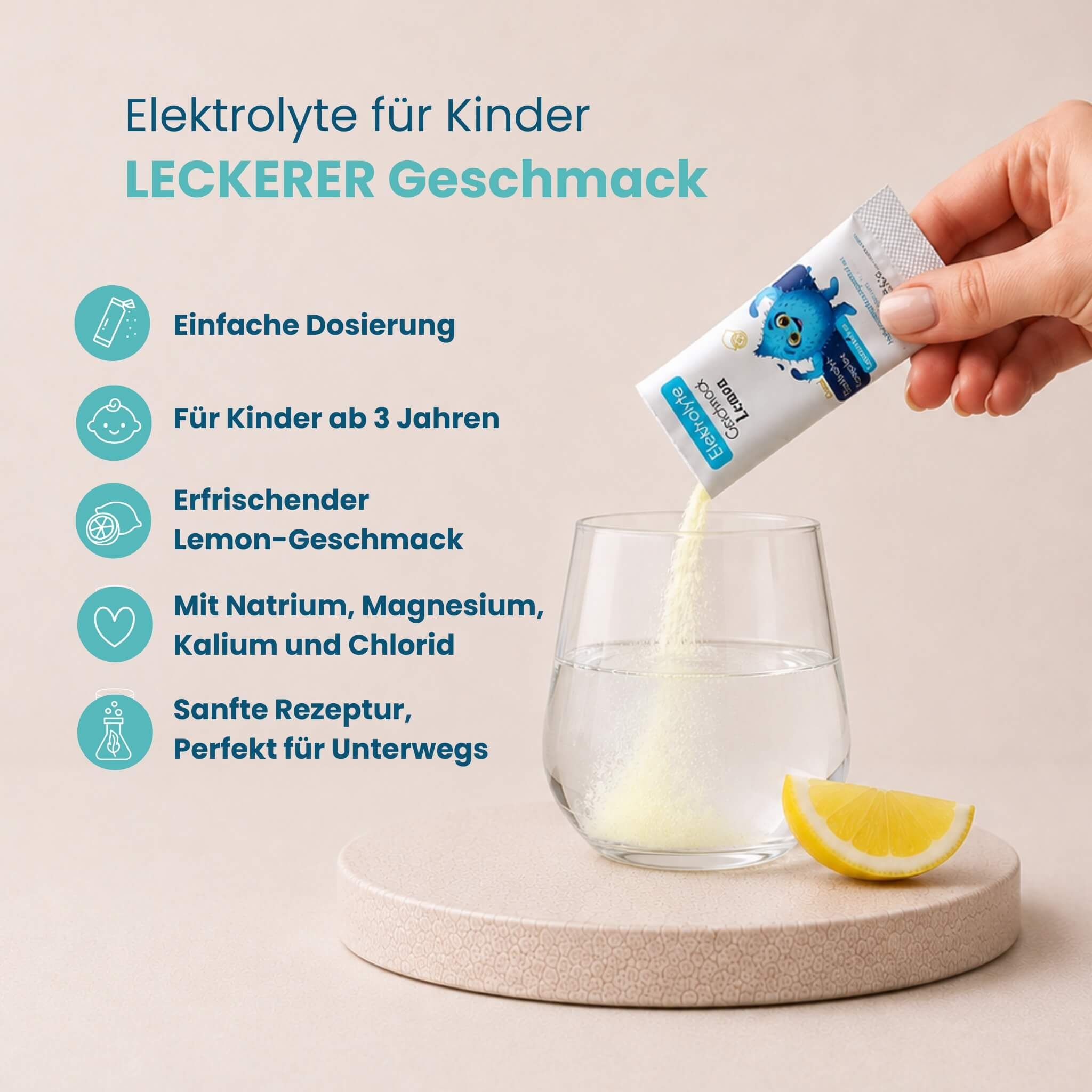 Herby Family Elektrolyte für Kinder: Pulver wird in ein Glas Wasser gegossen. Lemon-Geschmack.