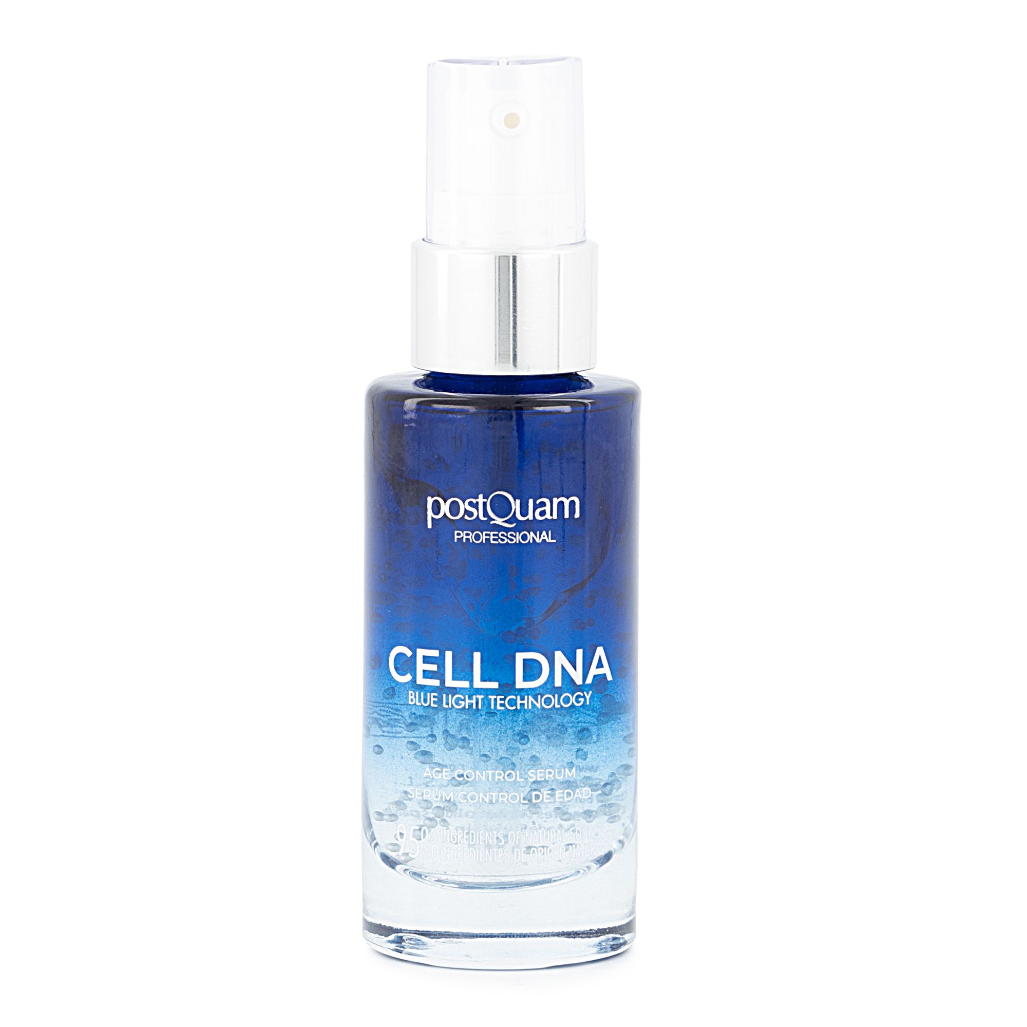 Blaue Serumflasche mit Sprühkopf. Aufschrift CELL DNA, Postquam Professional. Blauer Farbverlauf.