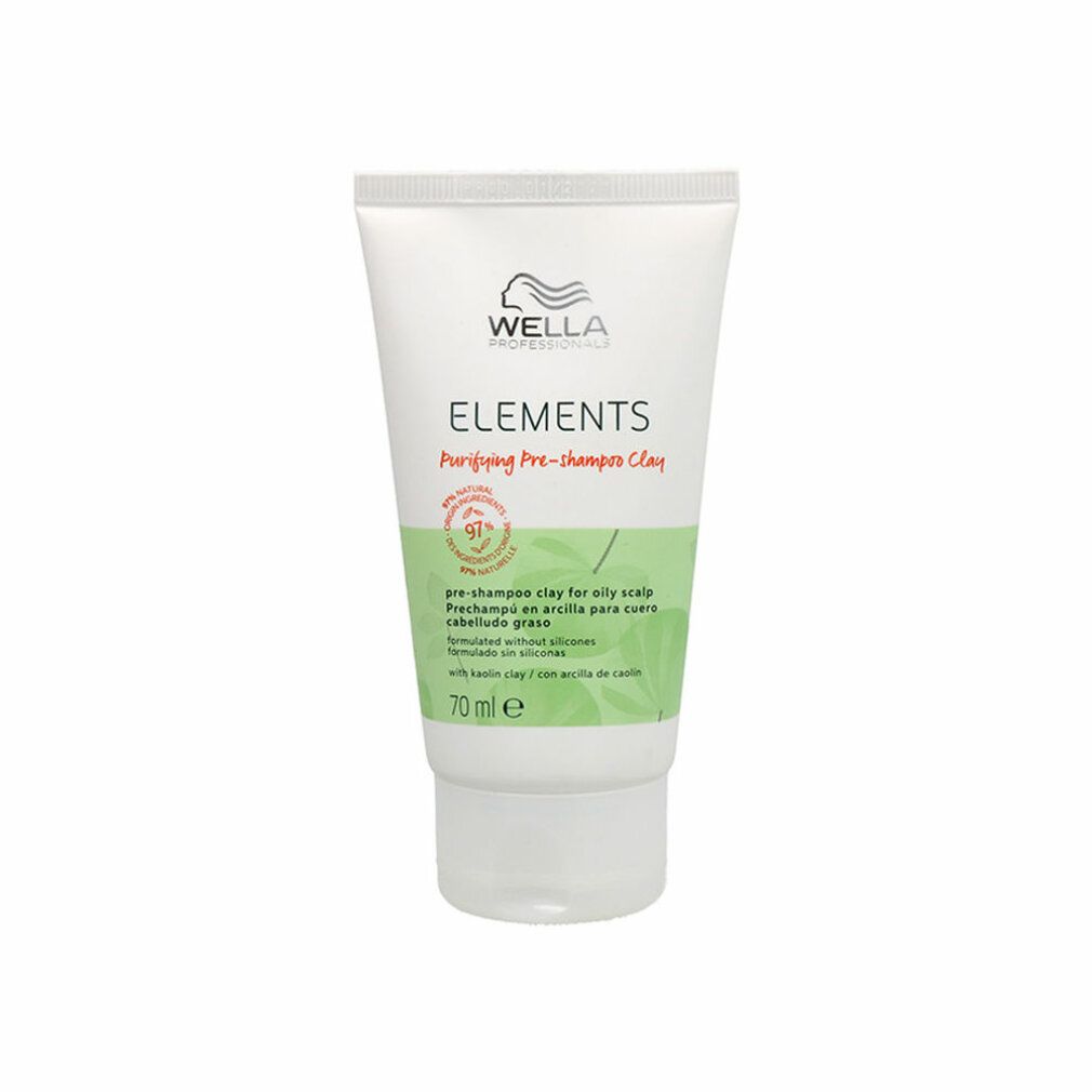 Weiße Tube Wella Elements. Text: Purifying Pre-shampoo Clay, 91% Inhaltsstoffe natürlichen Ursprungs. 70 ml.