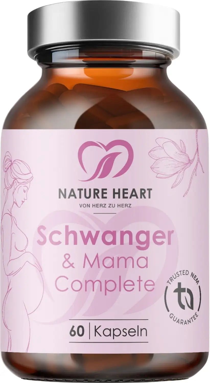 Braune Glasflasche mit Kapseln. Aufschrift: Schwanger & Mama Complete. 60 Kapseln. Logo: Nature Heart. TÜV-Zertifizierung.