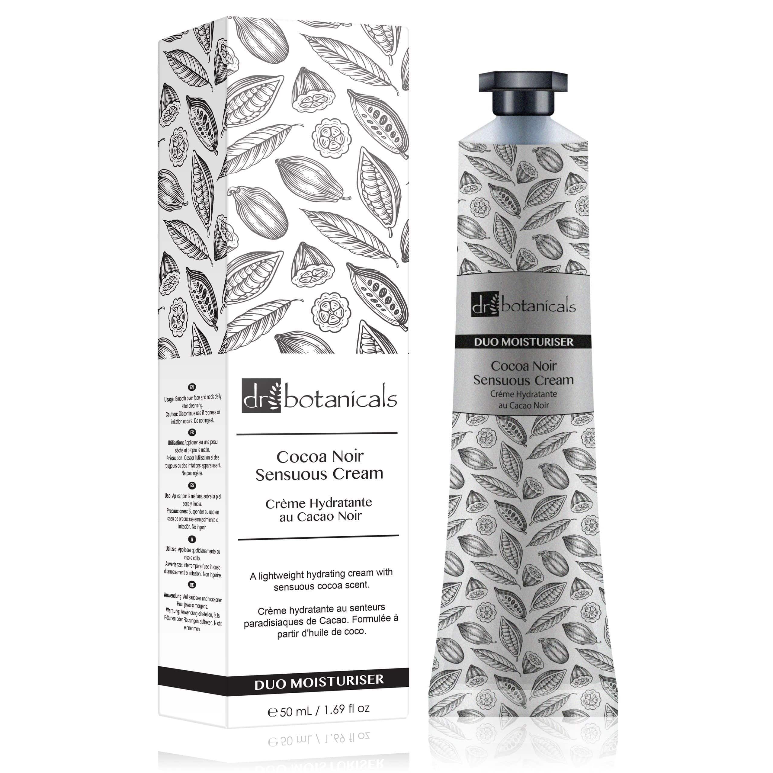 Creme-Tube und Schachtel mit botanischem Muster. Aufschrift: Cocoa Noir Sensuous Cream, Duo Moisturiser. Marke: dr botanicals.