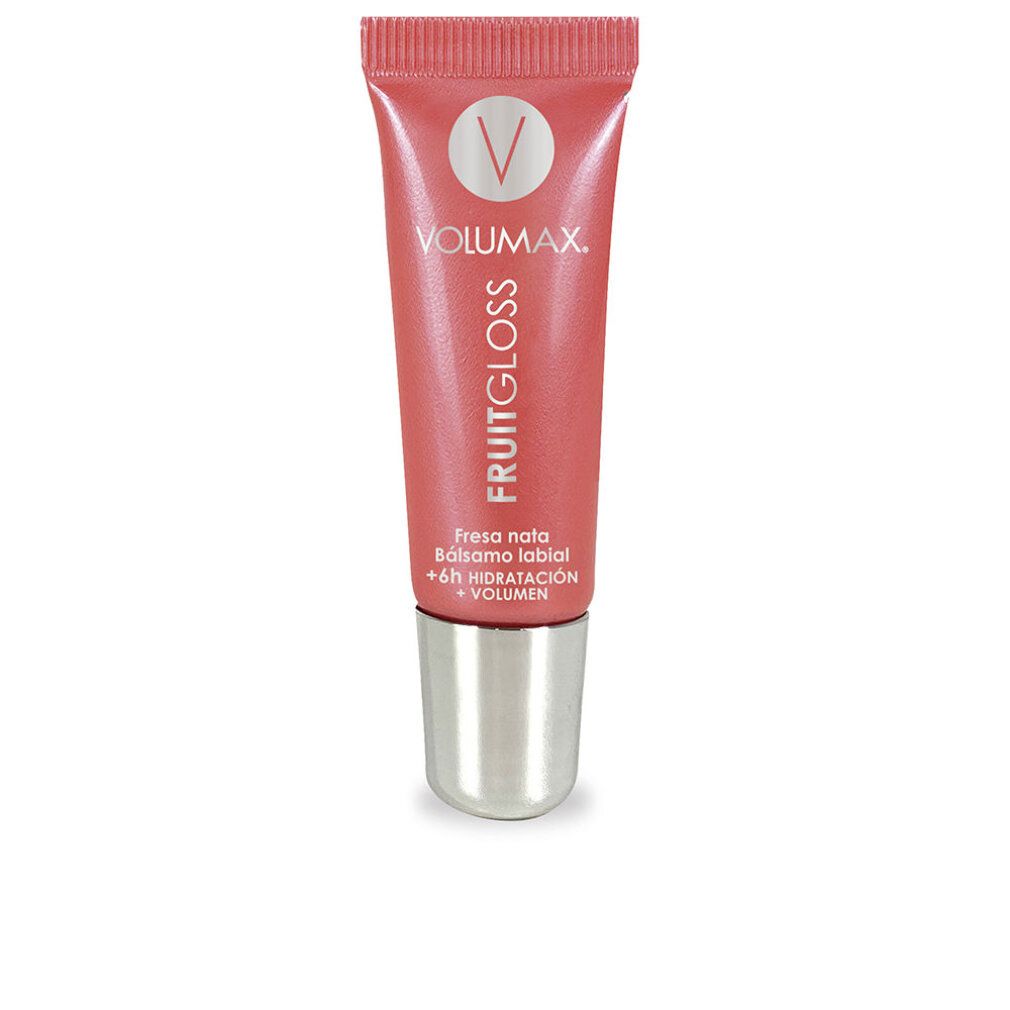 Rosa Tube mit silbernem Deckel. VOLUMAX FRUITGLOSS, darunter FRESA NATA, Balsamo labial und + Volumen. V-Logo oben.