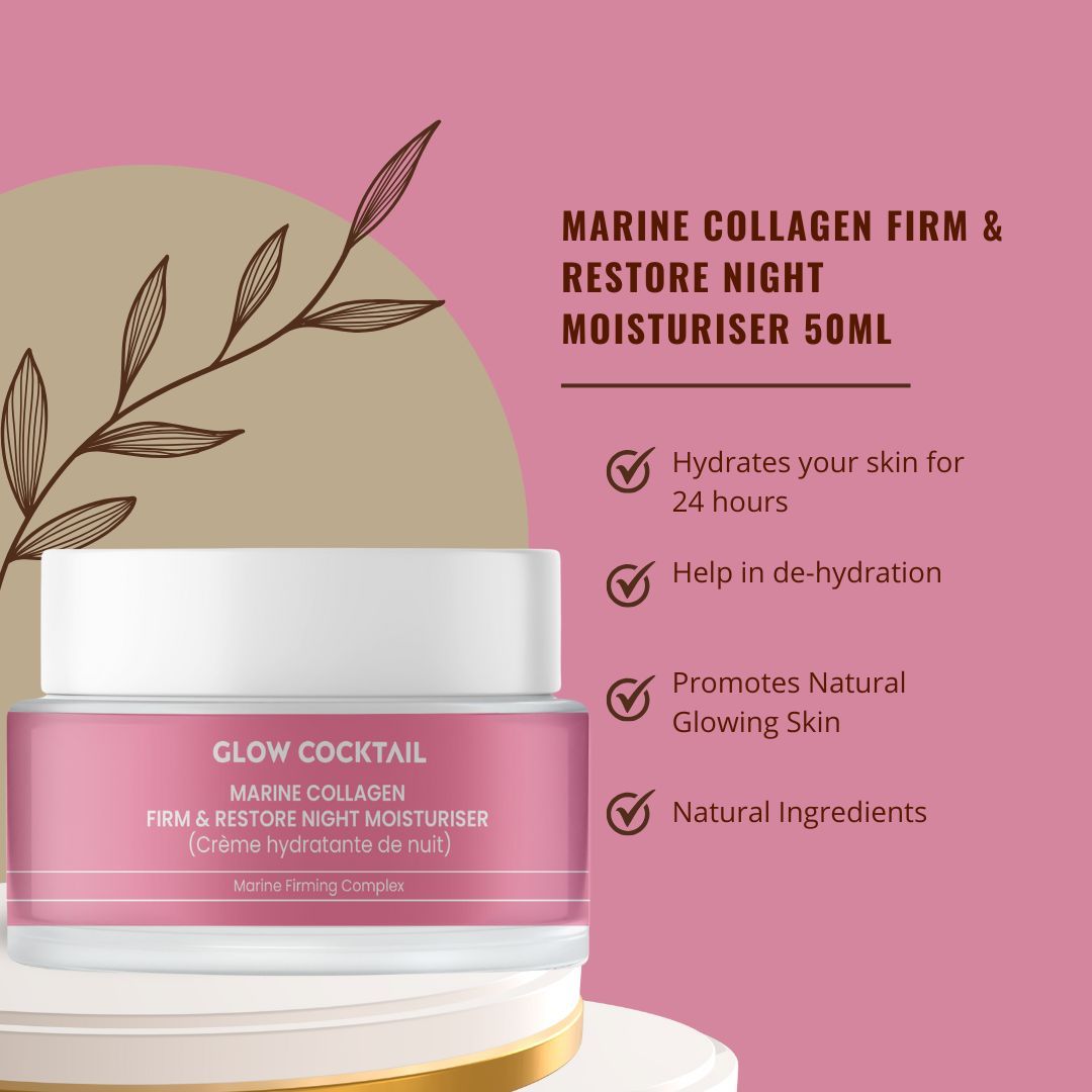 Creme-Glas mit rosa Etikett. Text: Glow Cocktail, Marine Collagen, Firm & Restore Night Moisturiser. Weißer Deckel. Hintergrund mit Text und Zweig.