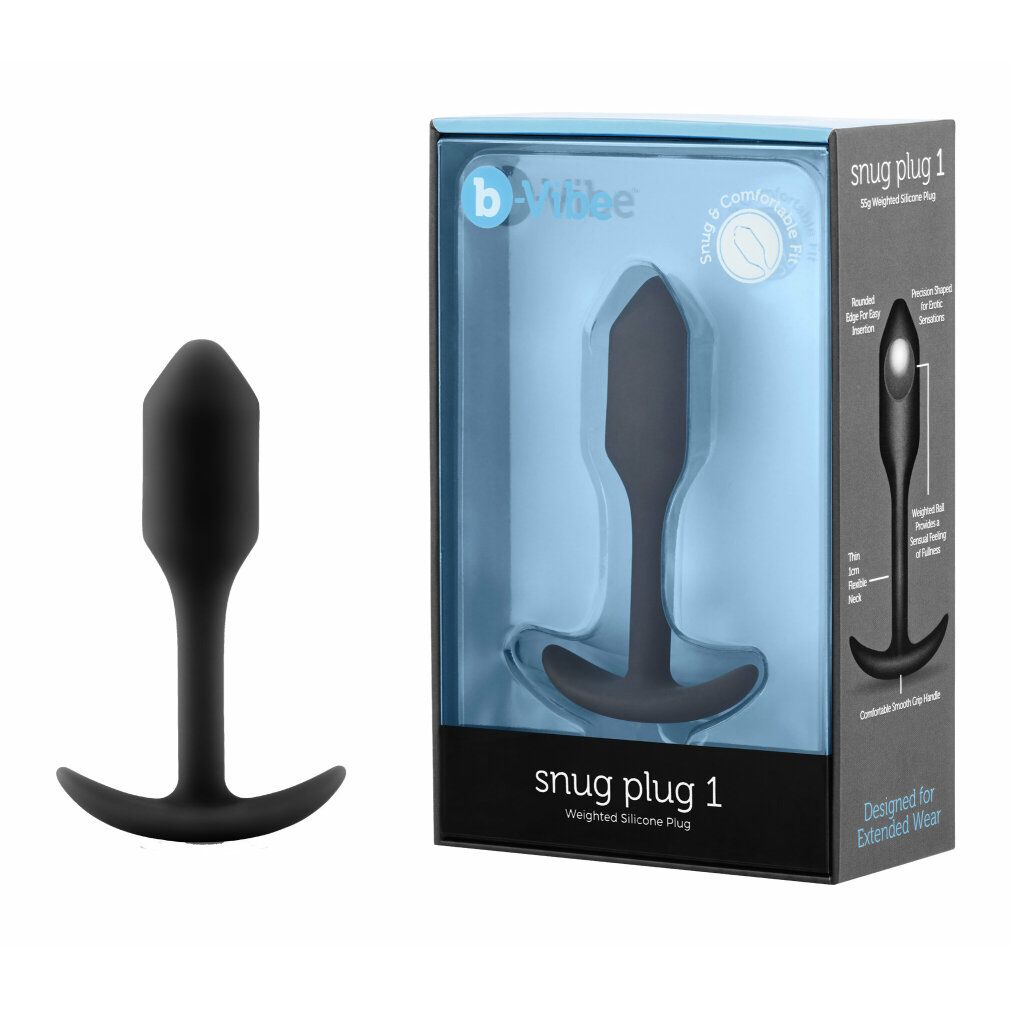 b-Vibe Snug Plug 1 nero neben Verpackung. Schwarzer Plug und Box.
