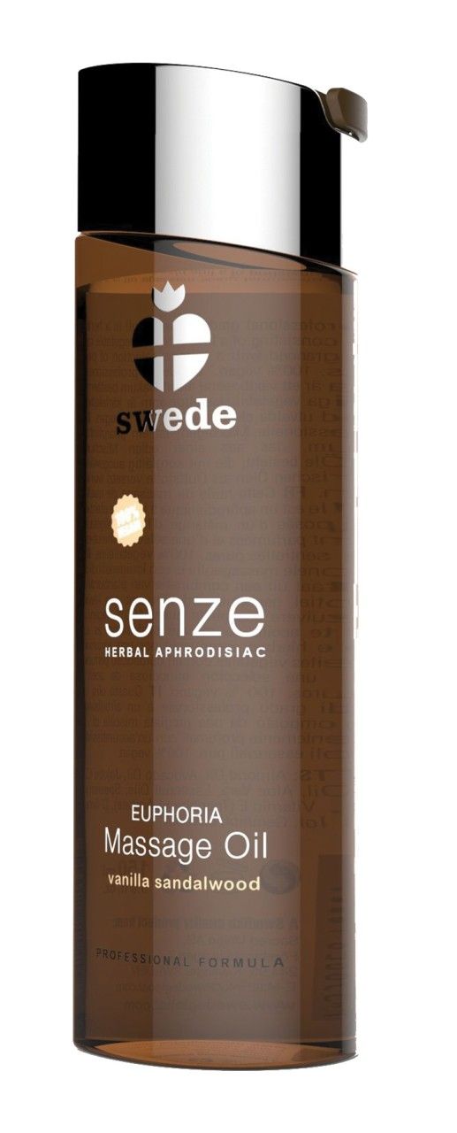 Braune Flasche mit silbernem Deckel. Aufschrift: Swede, senze, Massage Oil, vanilla sandalwood. Produktetikett.