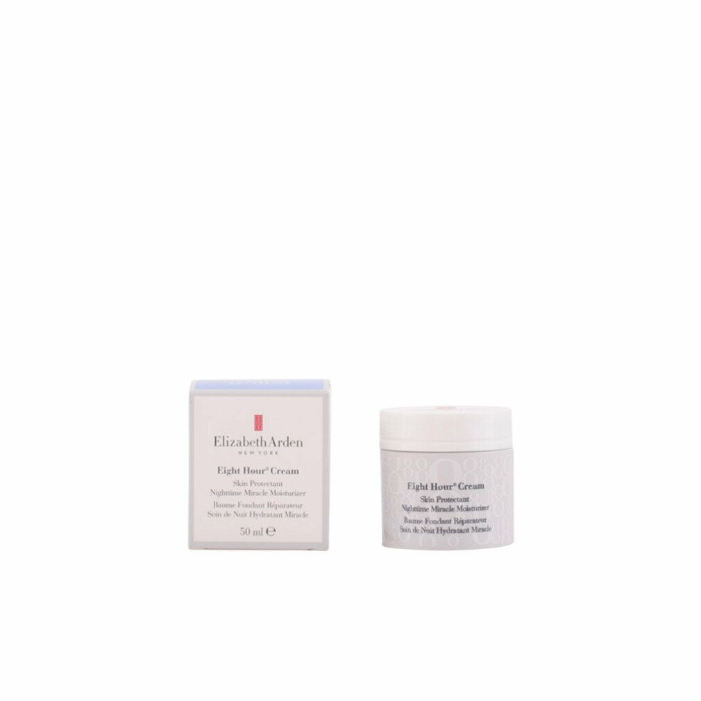 Creme-Tiegel und Schachtel. Aufschrift: Eight Hour Cream, Skin Protectant, Nighttime Miracle Moisturizer. Marke: Elizabeth Arden.