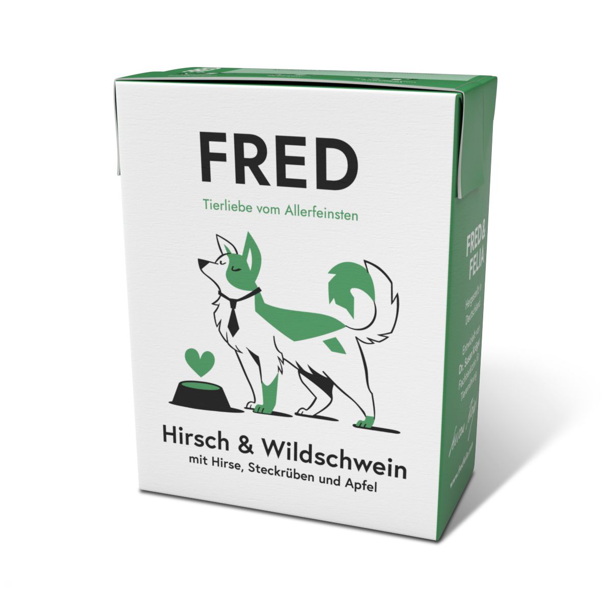 Verpackung von FRED Hirsch & Wildschwein mit Hirse. Weiß-grüne Box mit Hund-Illustration und Text: Hirsch & Wildschwein mit Hirse, Steckrüben und Apfel.