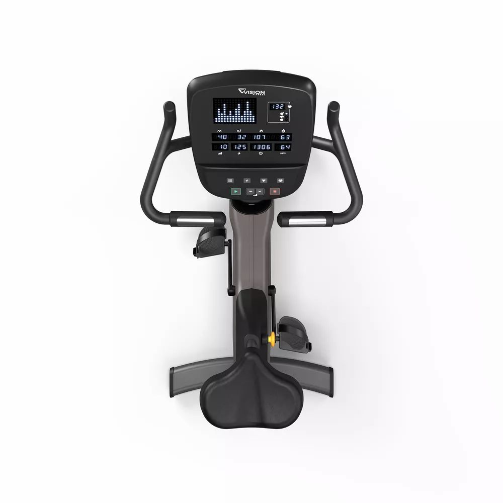 Fahrradtrainer, Draufsicht. Schwarze Konsole mit Digitalanzeige. Vision-Logo. Griffe. Pedale und Sitz.