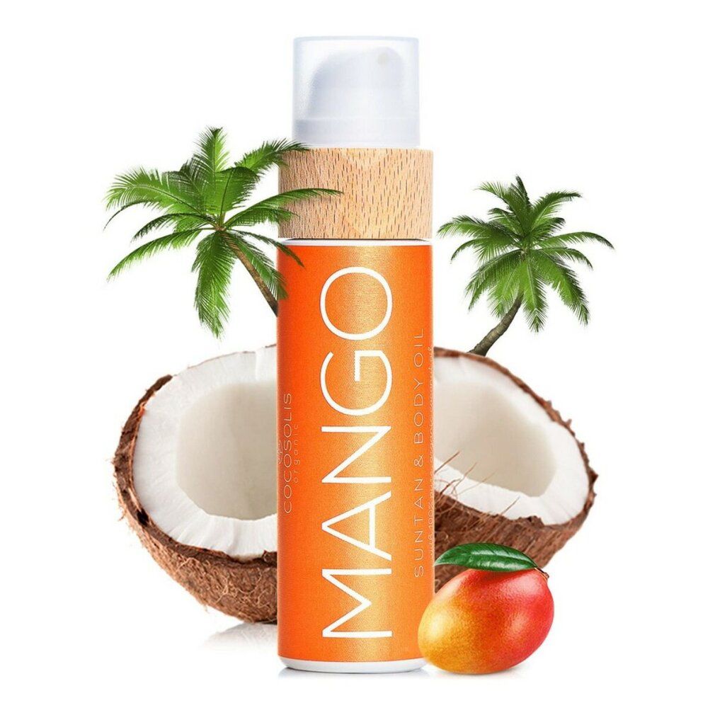 Flasche mit Aufschrift MANGO. Kokosnuss, Palme, Mango.