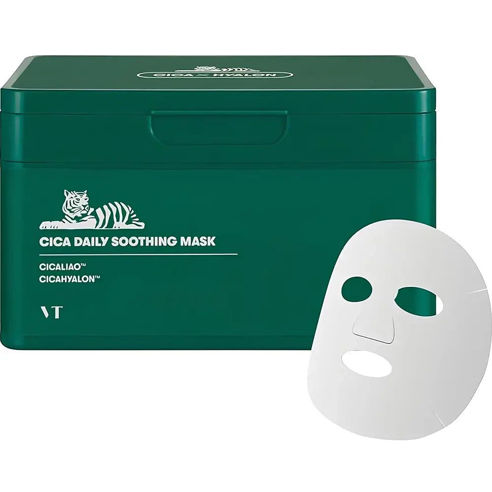 Grüne Box 'Cica Daily Soothing Mask' und Gesichtsmaske daneben. Text: CICALIAO, CICAHYALON. VT-Logo.