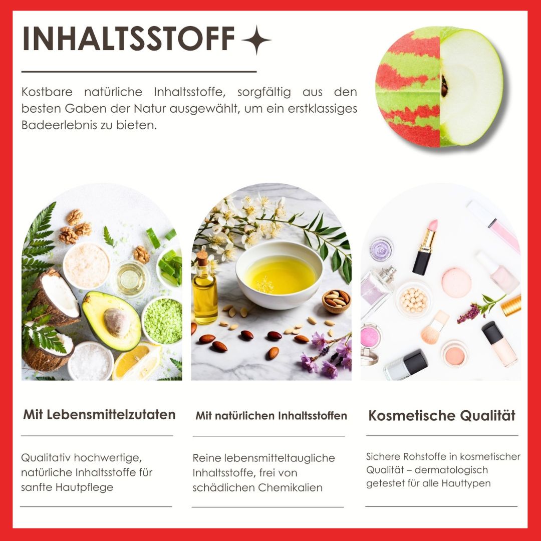 Inhaltsstoffe: Kokosnuss, Avocado, Mandelöl, Blüten, Lippenstift. Text: INHALTSSTOFF, Mit Lebensmitteln, Kosmetische Qualität.