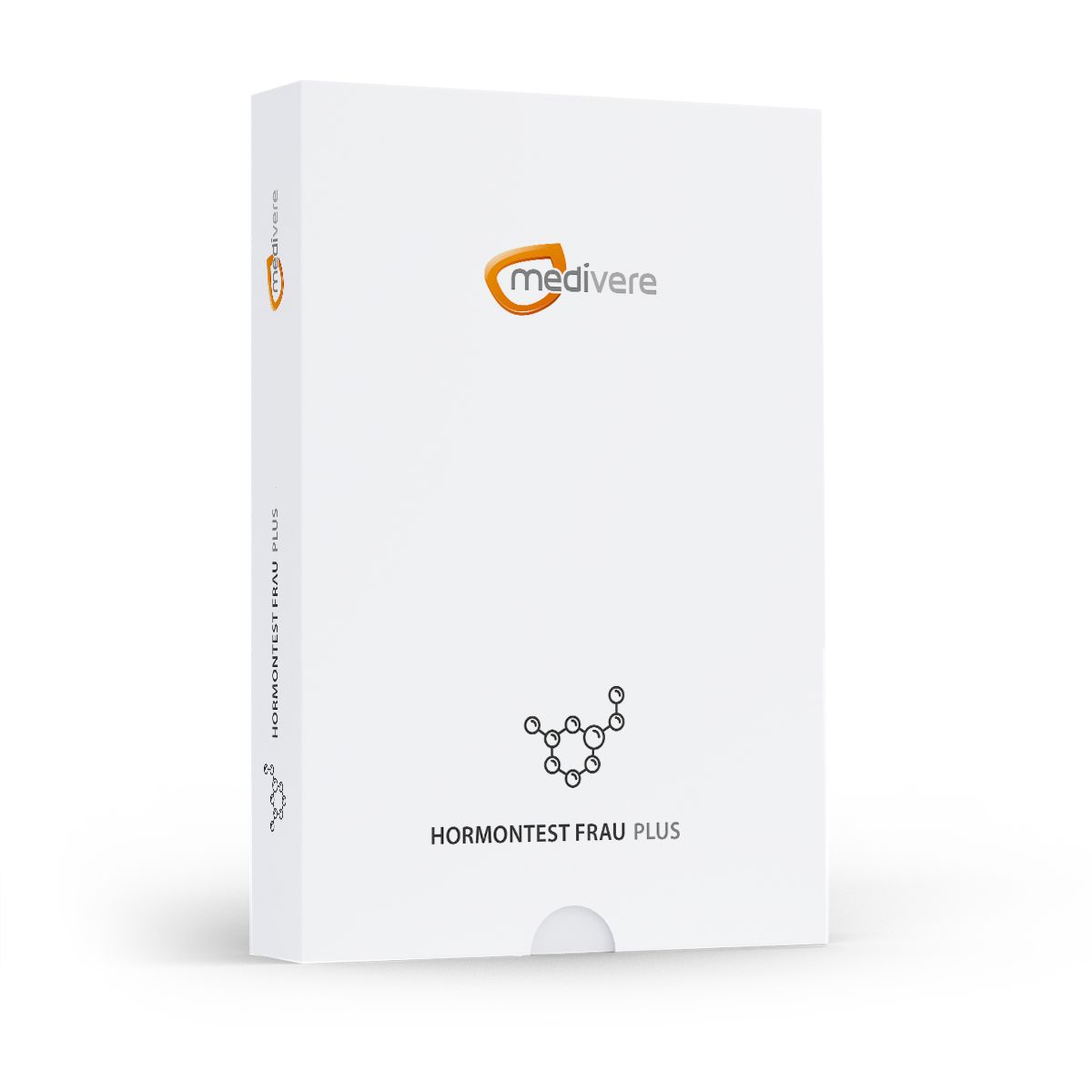 Medivere Hormontest Frau Plus. Weiße Verpackung mit Logo und Produktbezeichnung. Enthält eine Grafik von Molekülen.