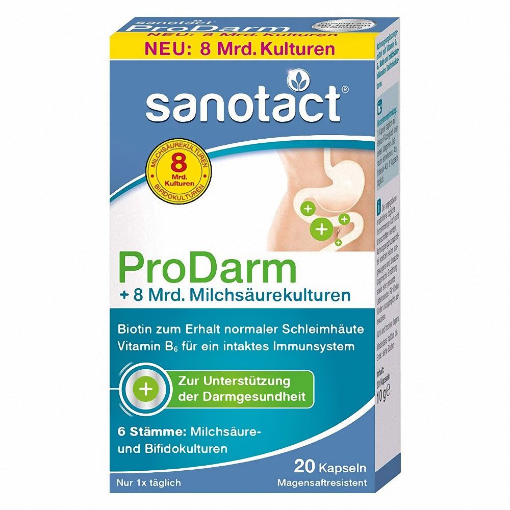 Sanotact ProDarm Kapseln Packung. Blaue Schachtel mit Produktnamen und Logo. Enthält 20 Kapseln. Text: 8 Mrd. Kulturen, Zur Unterstützung der Darmgesundheit.